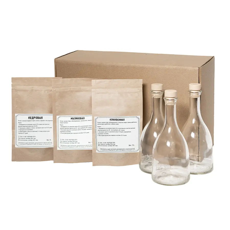 Набор  "Сам себе сомелье" для приготовления  авторских напитков Кедровая, Малиновая, Клюквенная настойки (#EEE8AA;, 40 х 25 х 15 см)