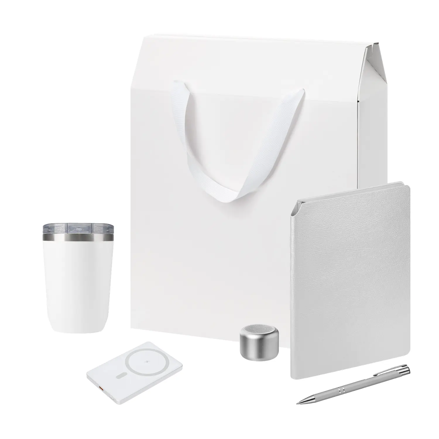 Подарочный набор Welcome Pack Premium, серебряный (термокружка, колонка, ежедневник, ручка, ЗУ, коробка-пакет)