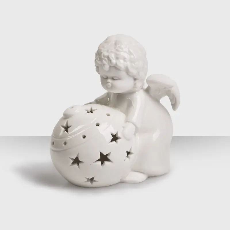 Подсвечник "Ангел с елочным шаром" / белый
