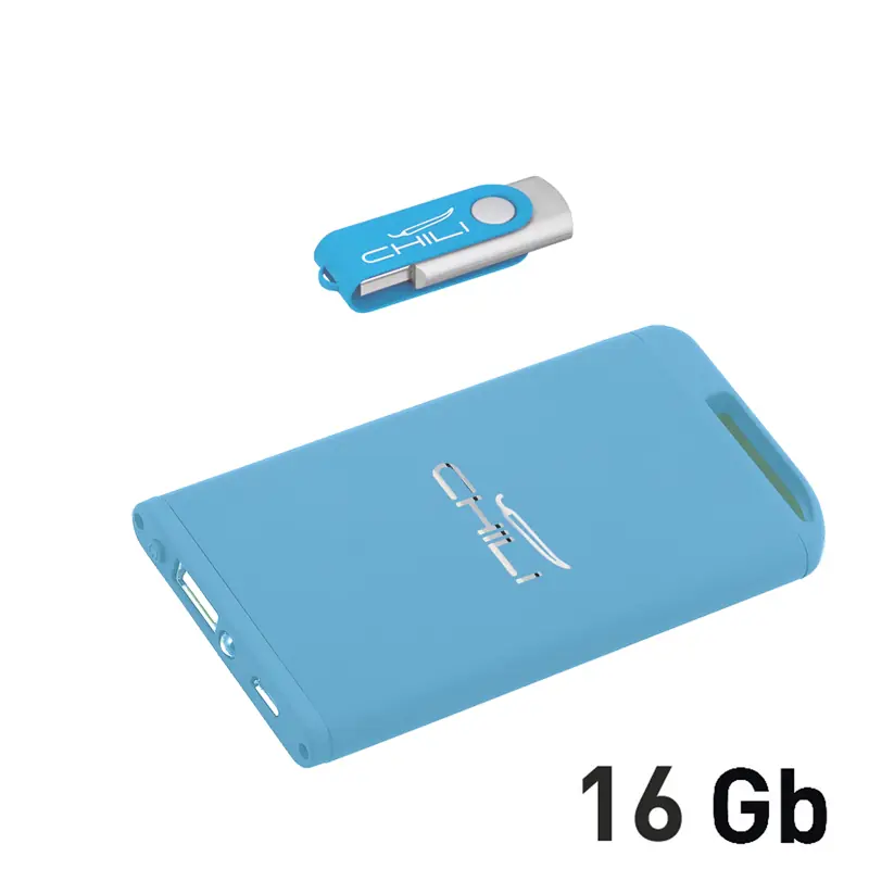 Набор зарядное "Theta" 4000 mAh + флеш-карта "Vostok" 16Гб  в футляре, голубой, покрытие soft touch / голубой