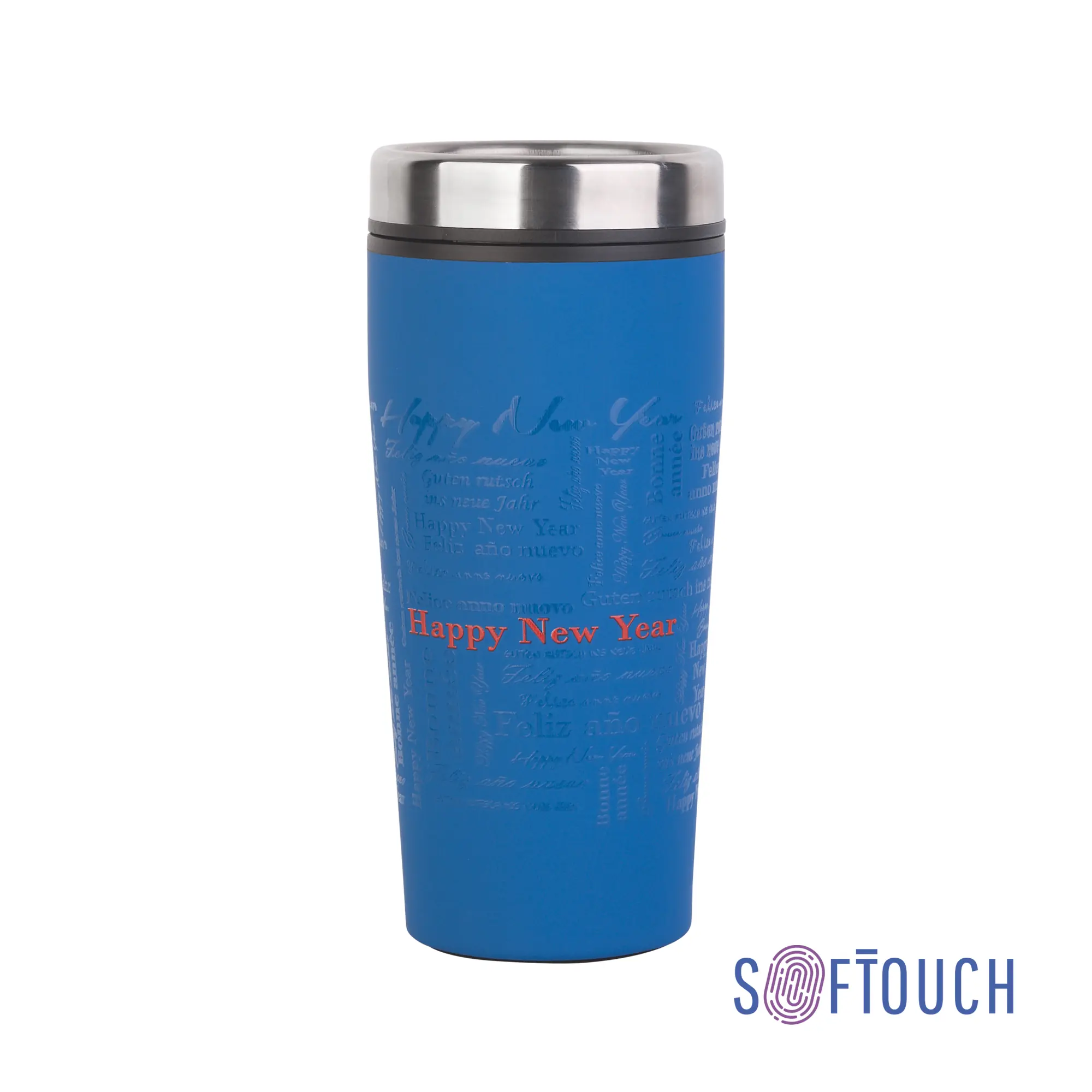 Термостакан "Европа" с UF печатью по окружности "Happy New Year", покрытие soft touch / синий
