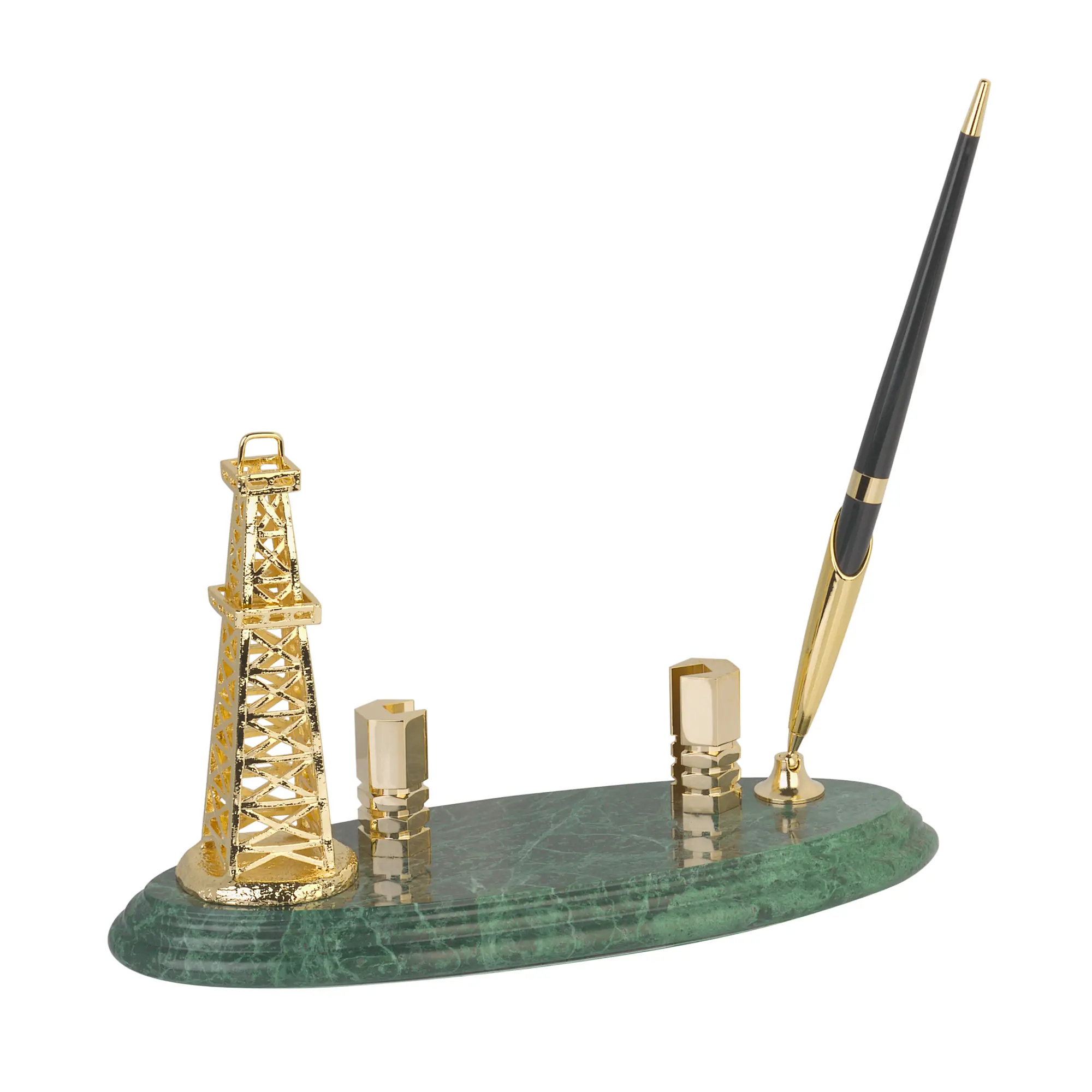Подставка под визитки "Нефтяная вышка" с ручкой / золотистый с зеленым