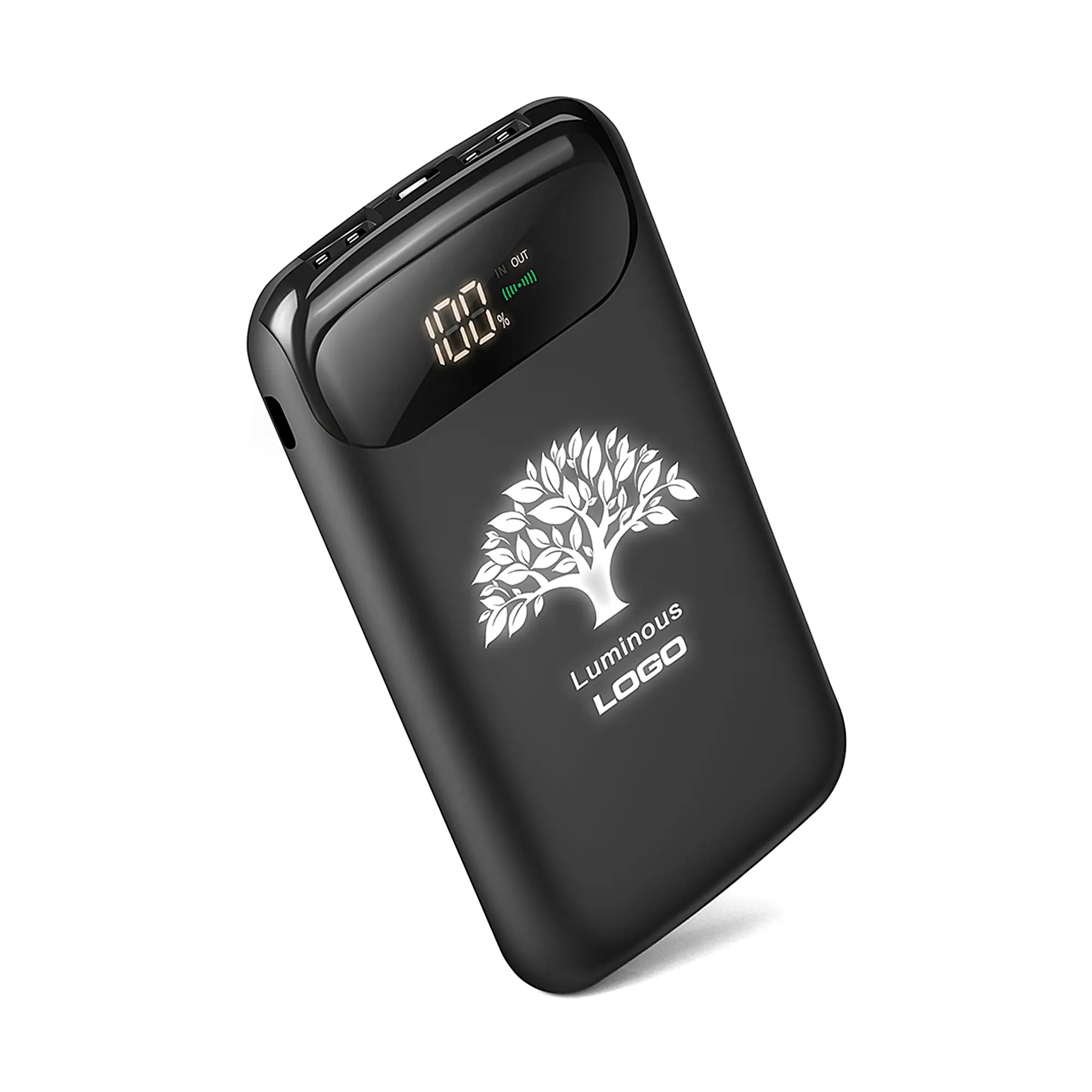 Беспроводное зарядное устройство "Shine SOFTTOUCH", 8000 mAh с подсветкой логотипа и цифровым индикатором заряда / черный