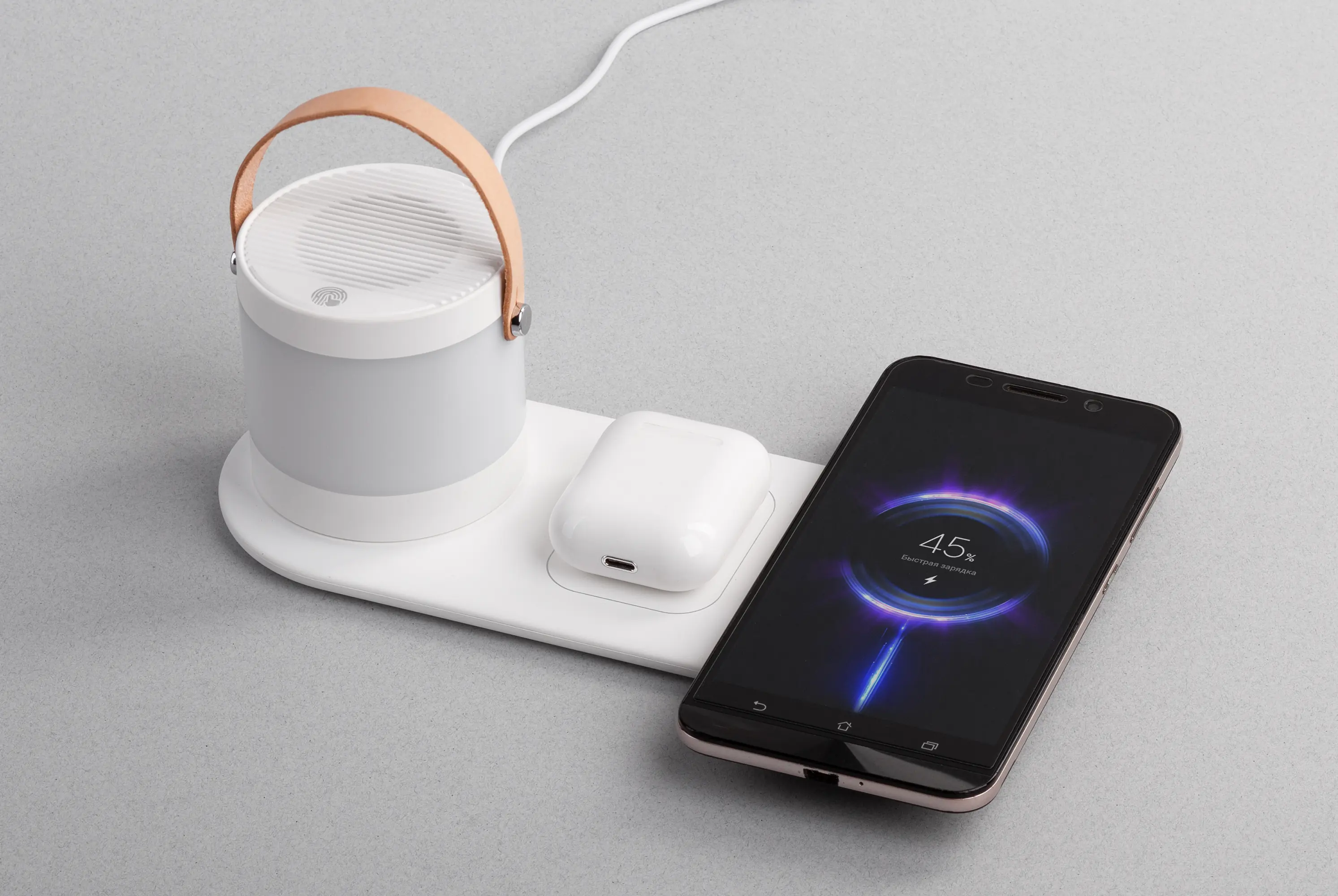 Настольная беспроводная (15W) зарядная станция "Smart Home" с bluetooth колонкой-лампой / белый