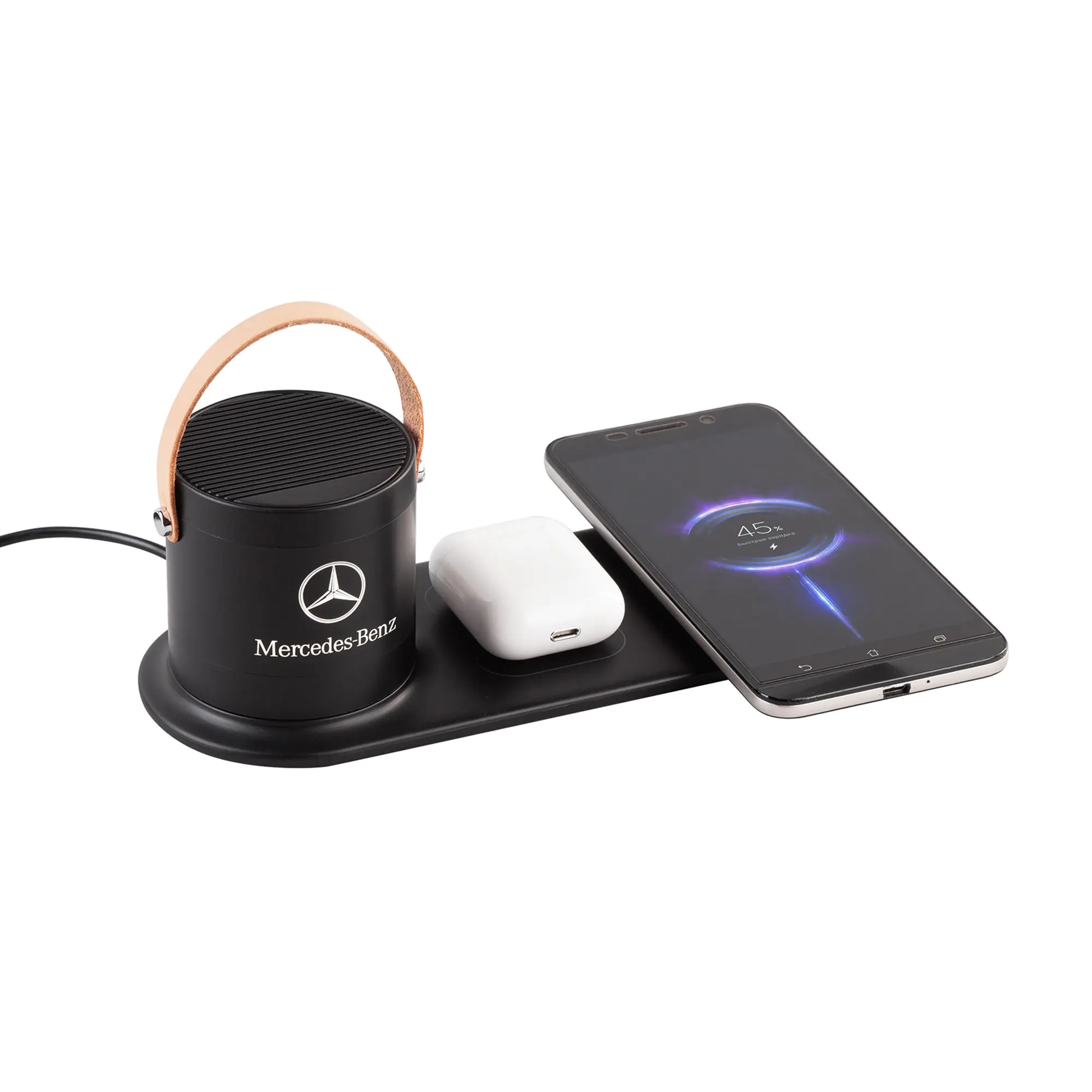 Настольная беспроводная (15W) зарядная станция "Blacksmith" с bluetooth колонкой с подсветкой логотипа / черный