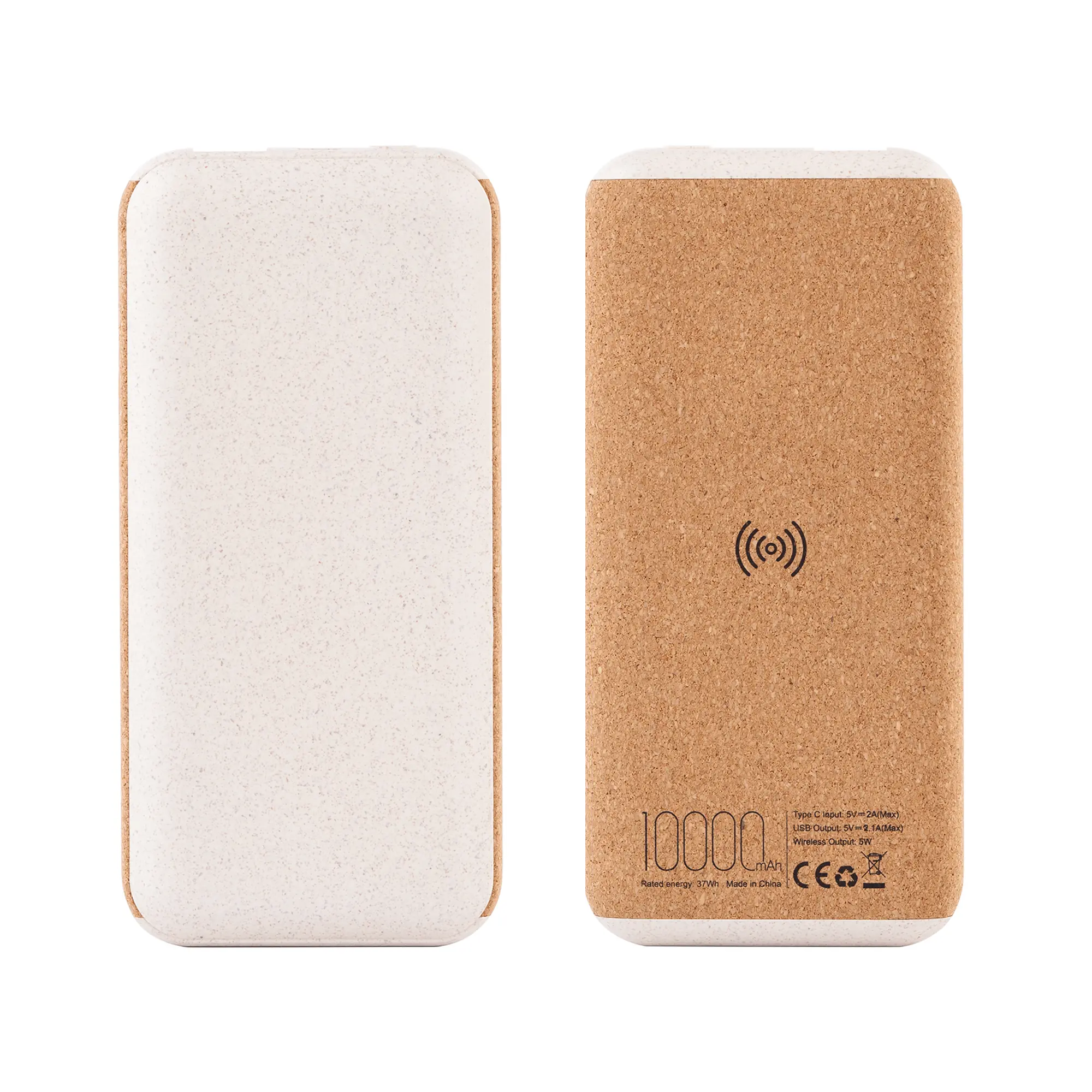 Беспроводное зарядное устройство "Cork Power" 10000 mAh, пластик/пшеничное волокно/пробка / бежевый