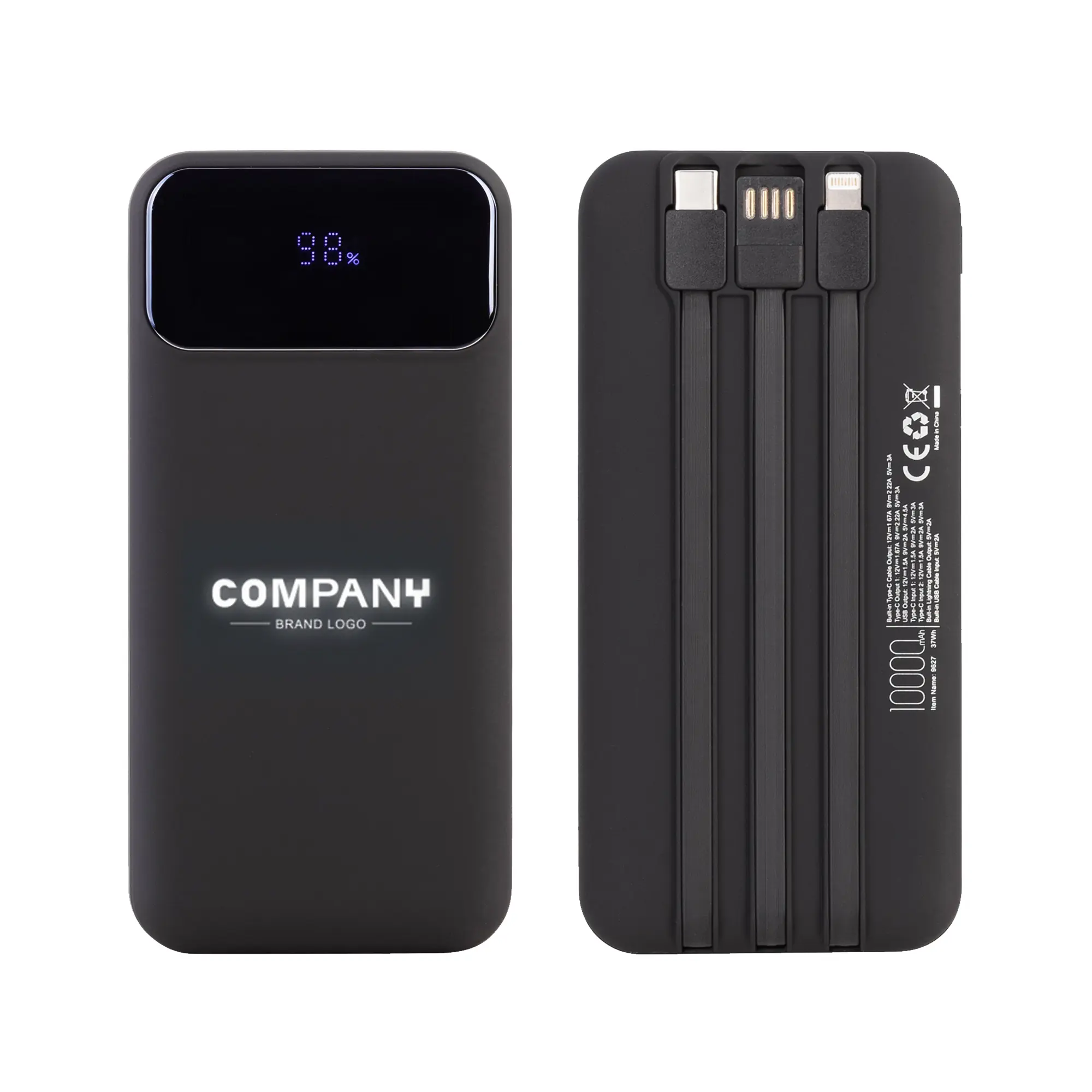 Зарядное (22.5W) устройство "Grade SOFTTOUCH" 10000 mAh с подсветкой логотипа, встроенными кабелями и цифровым индикатором заряда / черный