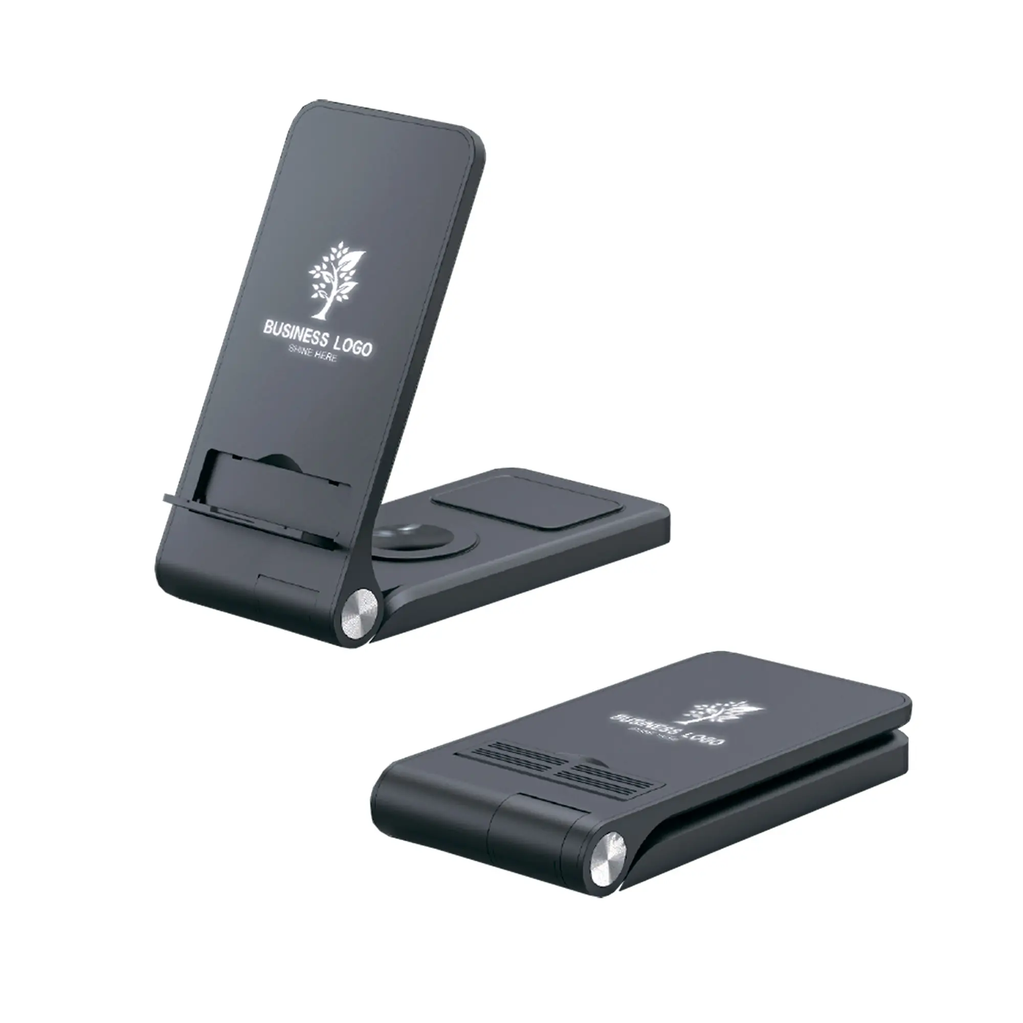 Складная беспроводная (15W) зарядная станция "Clap" с подсветкой логотипа и подставкой для смартфона / черный